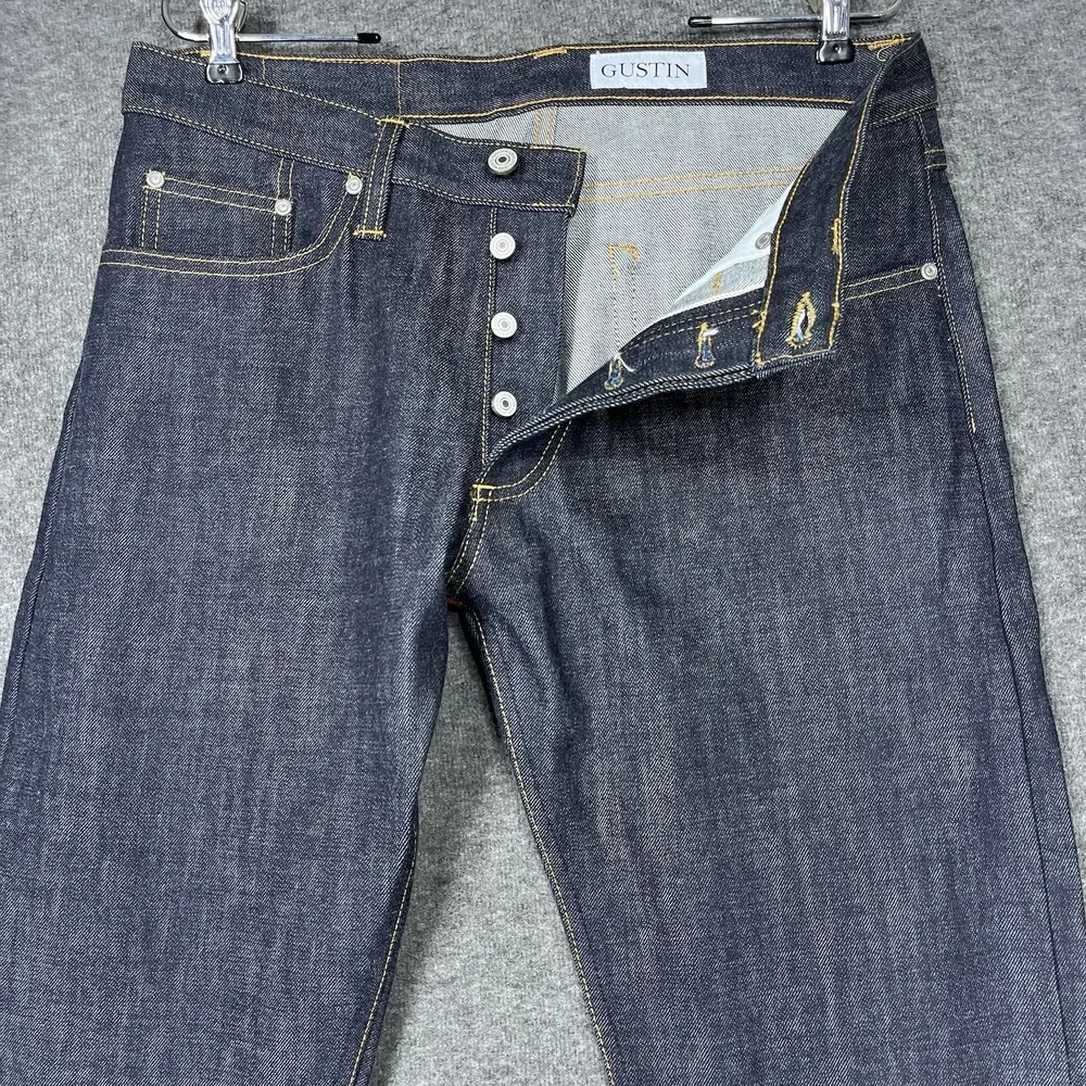 Gustin Jeans Mens 33x36 Blue Slim Fit Button Fly Indigo Raw Selvedge Denim